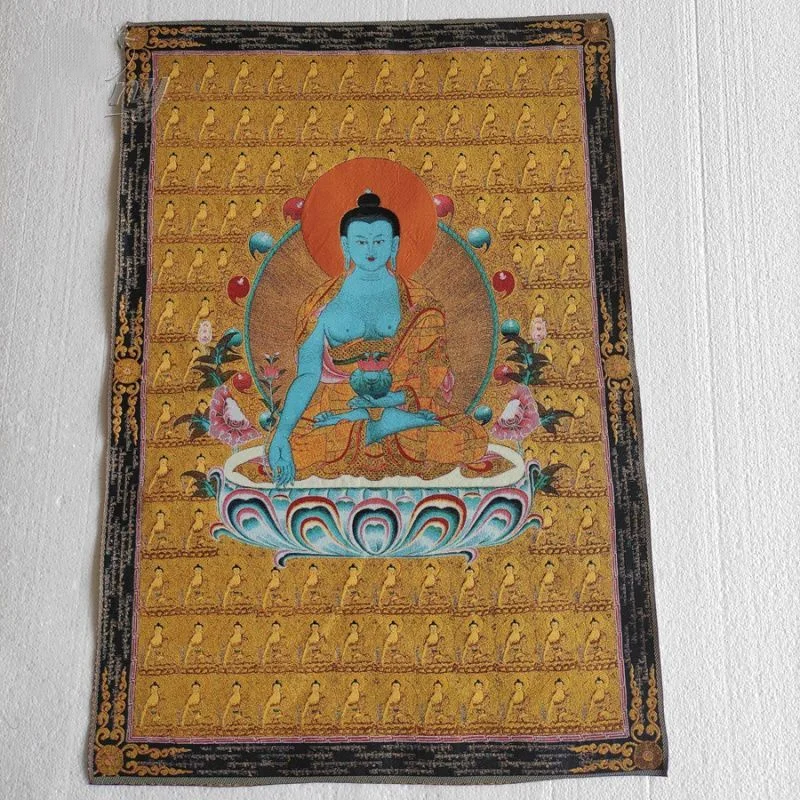 35.4''  Bhaisajyaguru Brocade Tibetan Tangka Embroidery Painting Gold Thread Embroidery Decorative Hanging Pictures