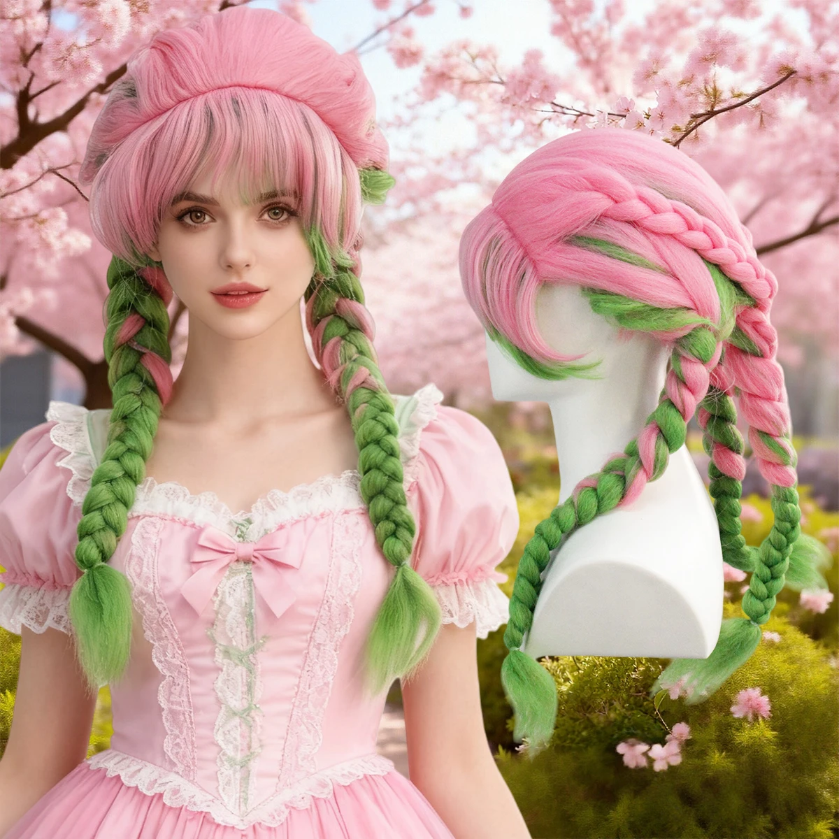 

Розово-зеленый синтетический парик с двойным хвостом, сладкий милый парик с косой в японском стиле, повседневный парик весна-лето