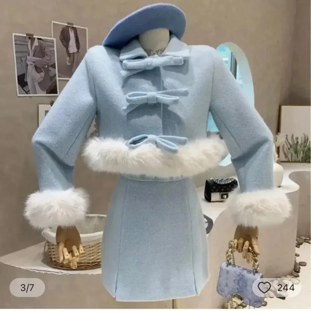 Fashion Cute Blue Fresh Girl gonna in due pezzi con Top a maniche lunghe e gonna corta