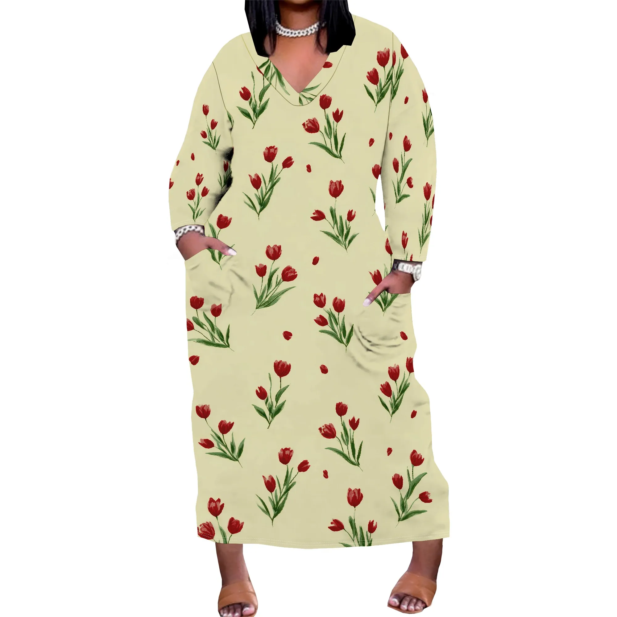 

Women Fall Casual Long Sleeve V-Neck Loose Summer Floral Flowy Long Dress with Pockets