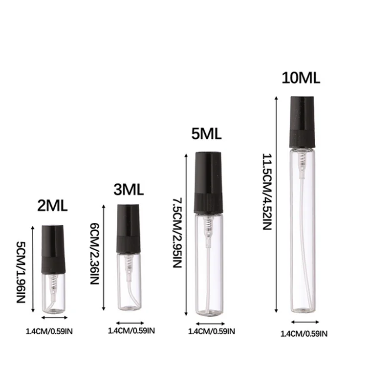 Novo 5 pçs 2/3/5/10ml preto amostra garrafa de vidro portátil garrafa de perfume vazio recarregável garrafa de cosméticos frascos de vidro fino