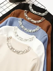 Chic Beaded O-neck Knitted Tshirts Women Spring Casual Slim Knitwear Jumper Tops Korean Long Sleeve Malhas Tee New Thin Sweater