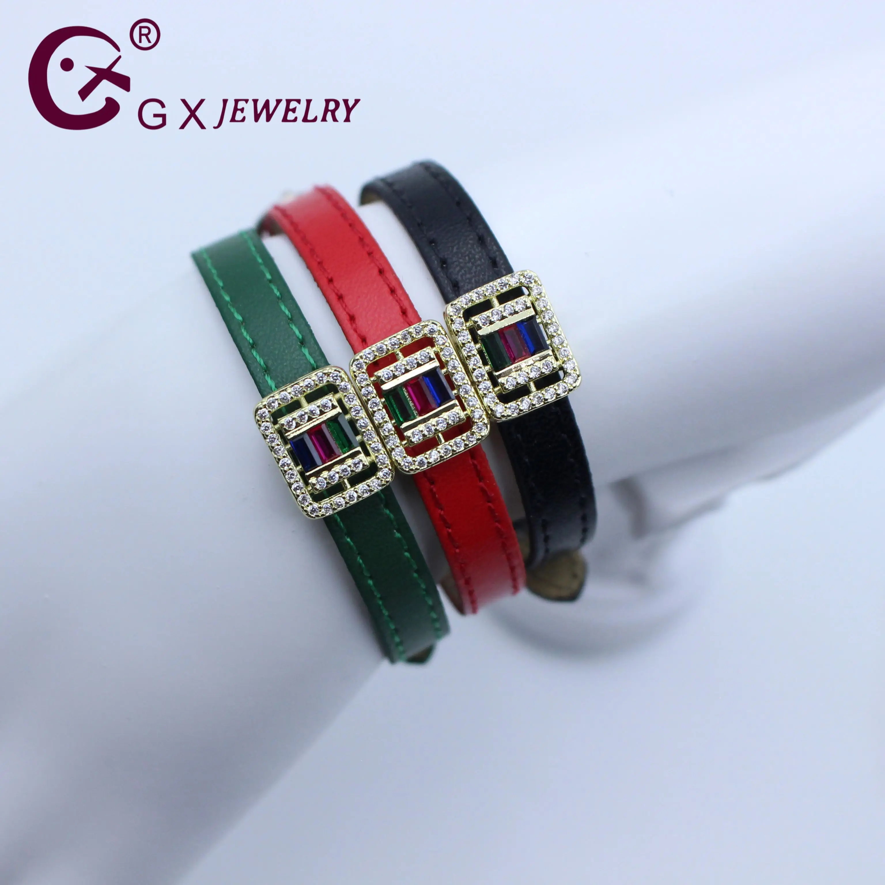 GUANXI Colourful Gemstone Leather Female Sweet Inlaid Zircon Cool Spicy Girl Red Green Black Wristbands Temperament Bracelet