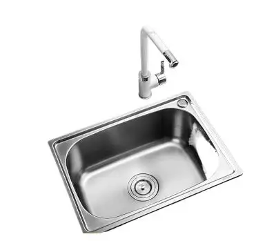 (450X390x200mm) Simple 304 Stainless Steel Kitchen Sink Set Single Slot DisBasin WitDrain Plumbings White Painted Faucet