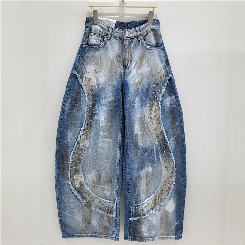 American Street Spring Summer Vintage Women Straight Jeans Colorblock Beading All-match High Waist Wide Leg Casual Denim Pants