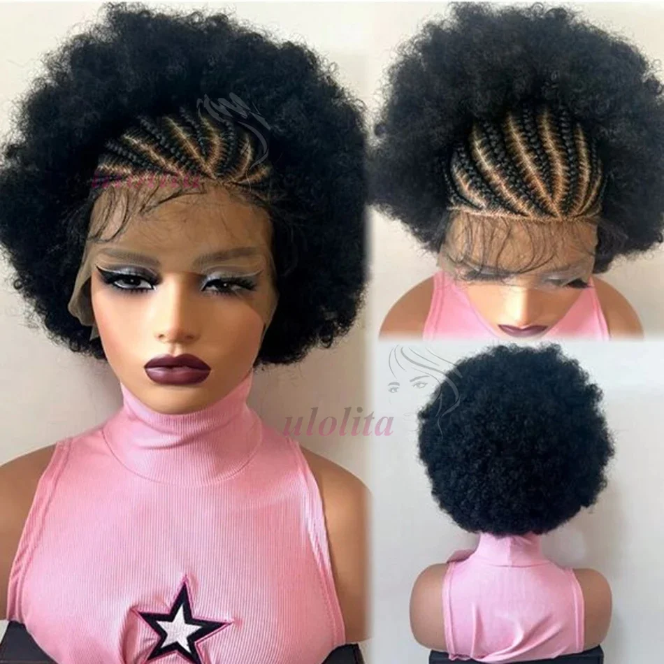 Afro Puff 13x4 Lace Frontal Human Hair With Pre Made Cornrow Braided Kinky Curly Wig With Baby HairHair Wig for Woman