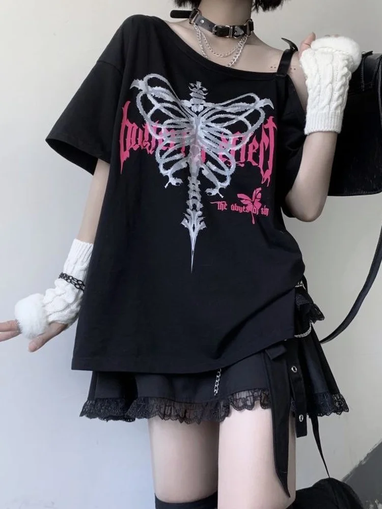 Y2k Aesthetic Black T Shirt Women Harajuku Off Shoulder Skull Print Gothic Graphic  Shirts Japanese Punk Grunge Streetwear ee