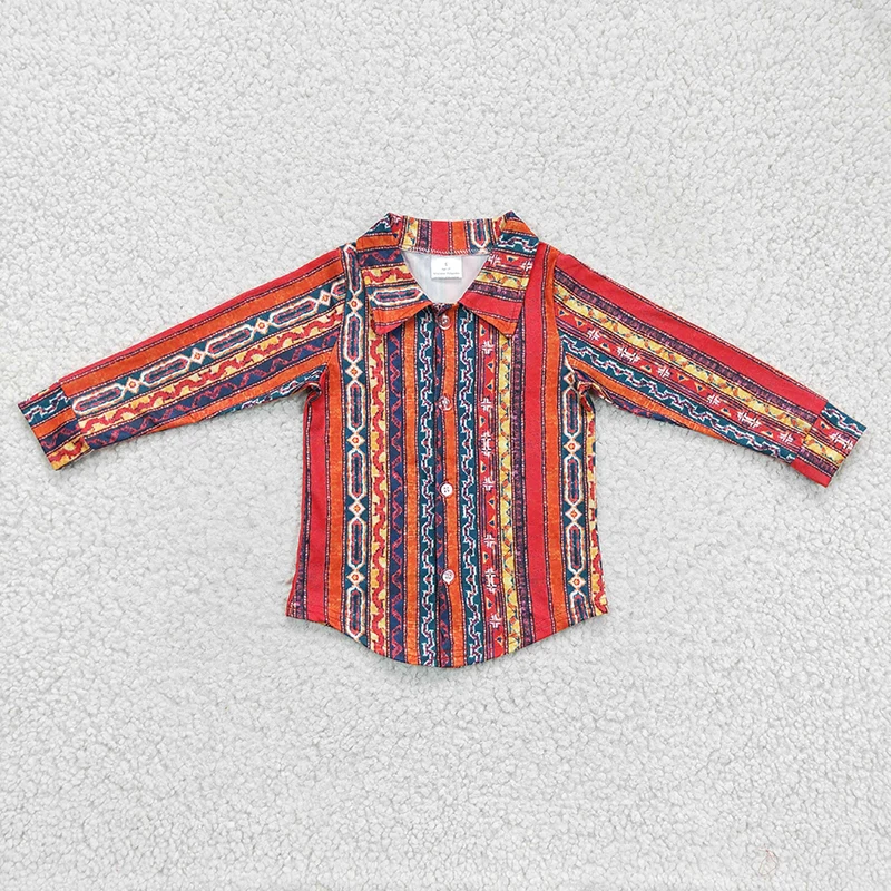 

Toddler Southwestern Print Clothes Long Sleeves Button Up Striped Shirt Wholesale Baby Boy Lapel Children Spring Fall Clothing