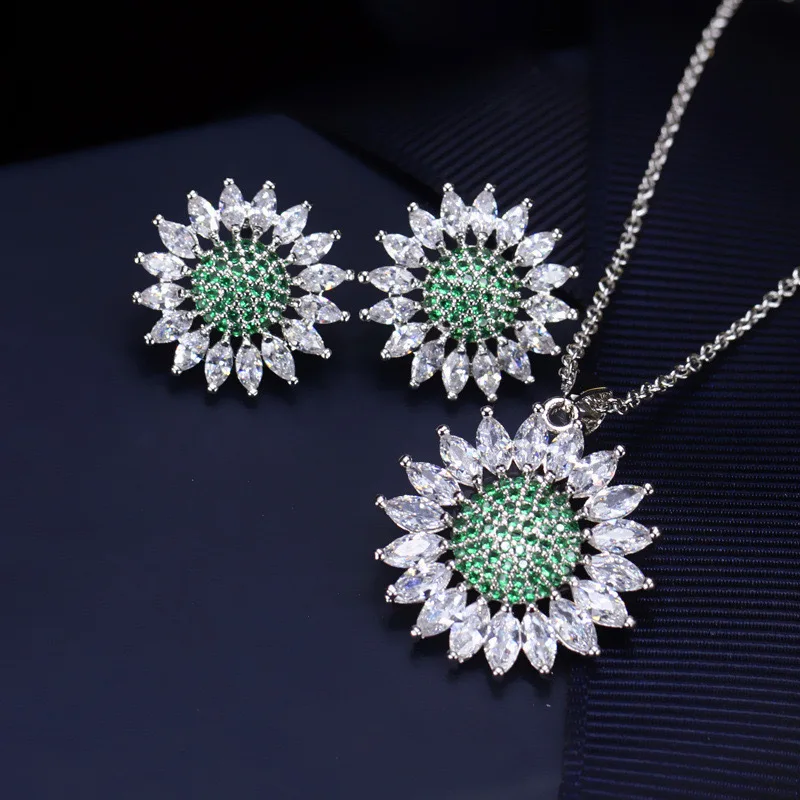 

Unique Tone Sunflower Cubic Zirconia Jewelry Set for Women Wedding Luxury Crystal Necklace Earrings Bridal Jewelrynique
