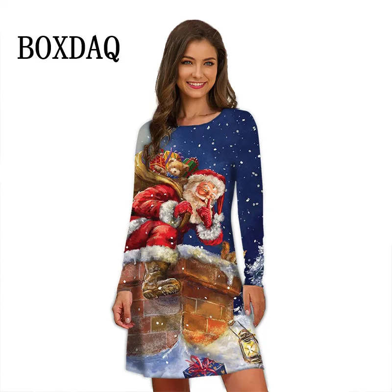 Winter Party Clothes Women Festival Christmas Dress 3D Santa Claus Snowflake Print Long Sleeve Dress Casual Loose A-Line Dresses