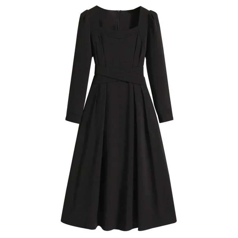 Autumn Dress For Women Fashion Casual Korea Elegant Sexy Temperament Style Dress Square Collar High Waist Dress Women Clothing