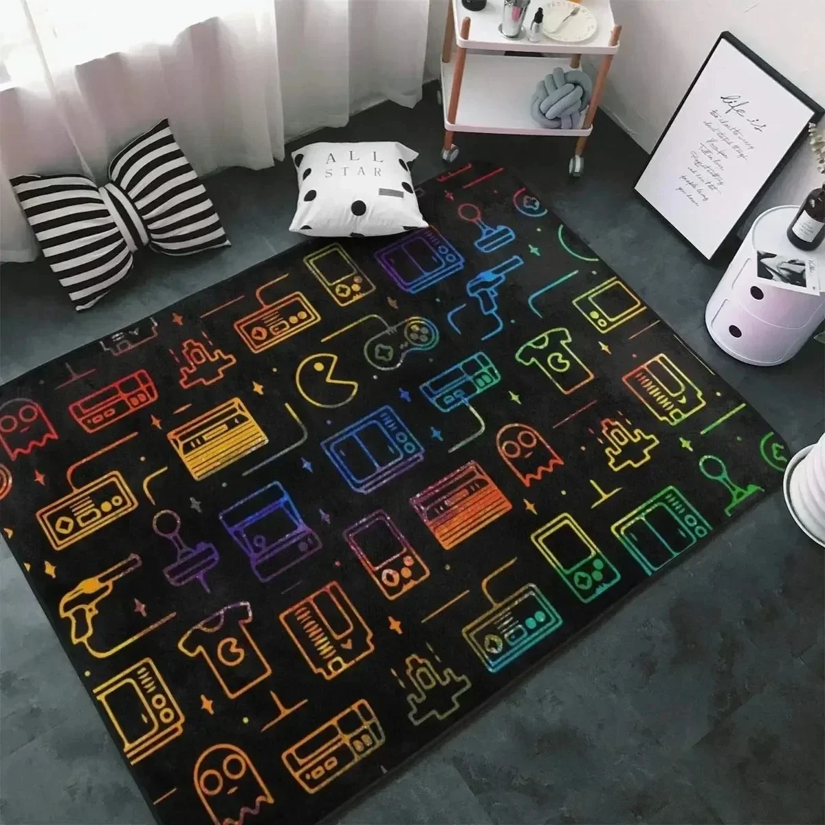 Gaming Rug Esports Black Controller Pixel Design Non-Slip Floor Mat for Kids Playroom Bedroom Gaming Room Home Decoration