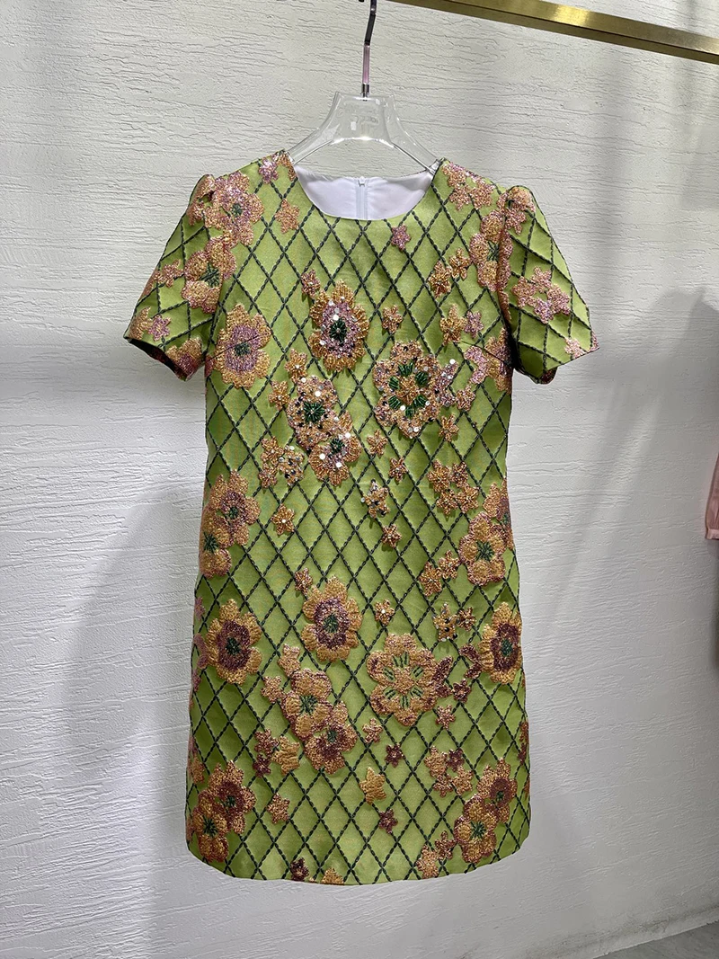 MIUXIMAO 2025 mode Royal luxe Jacquard robes d'été 3D fleurs diamants robe a-ligne courte robe verte femmes Vestides