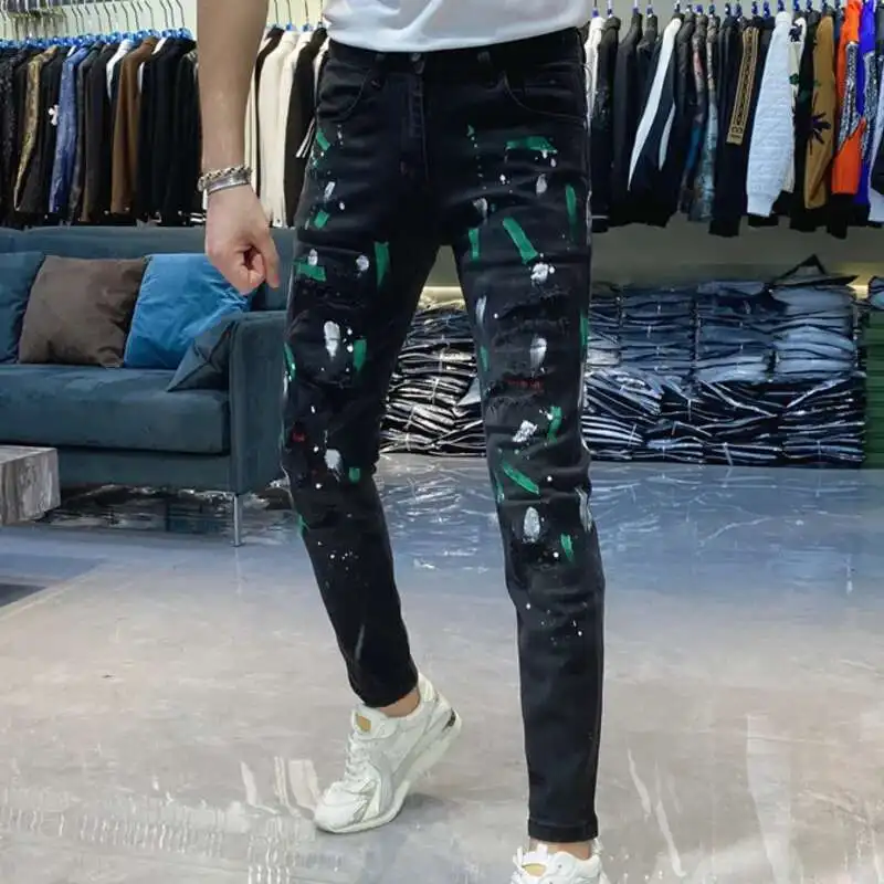Men Splash Ink Trousers Slim Fit Jean Autumn Black Hole Ripped Tights Pants Skinny Jeans For Men European Brand Men Jean Pant