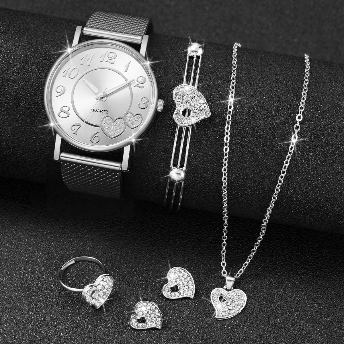 6PCS/Set Women\'s Watch Fashion Plastic Band Quartz Watch Rhinestone Heart Jewelry Set（Without Box）