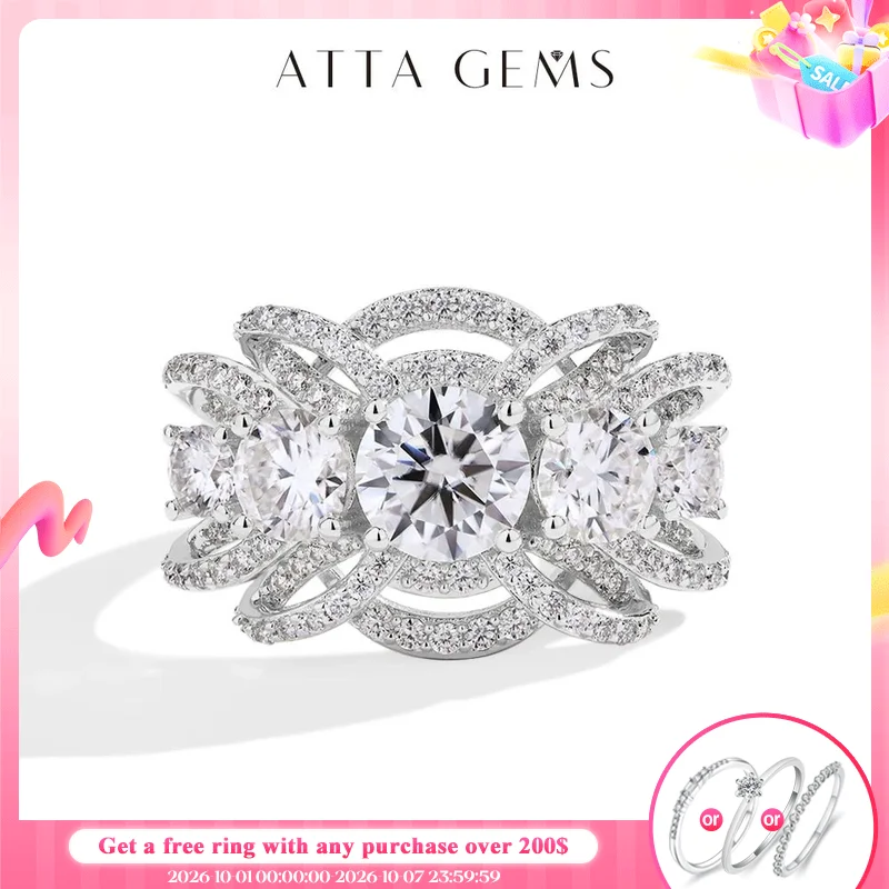 ATTAGEMS Luxury Round Cut 1CT Moissanite Ring for Women D VVS1 Lab Diamond Real S925 Silver Engagement Wedding Jewelry Pass Test