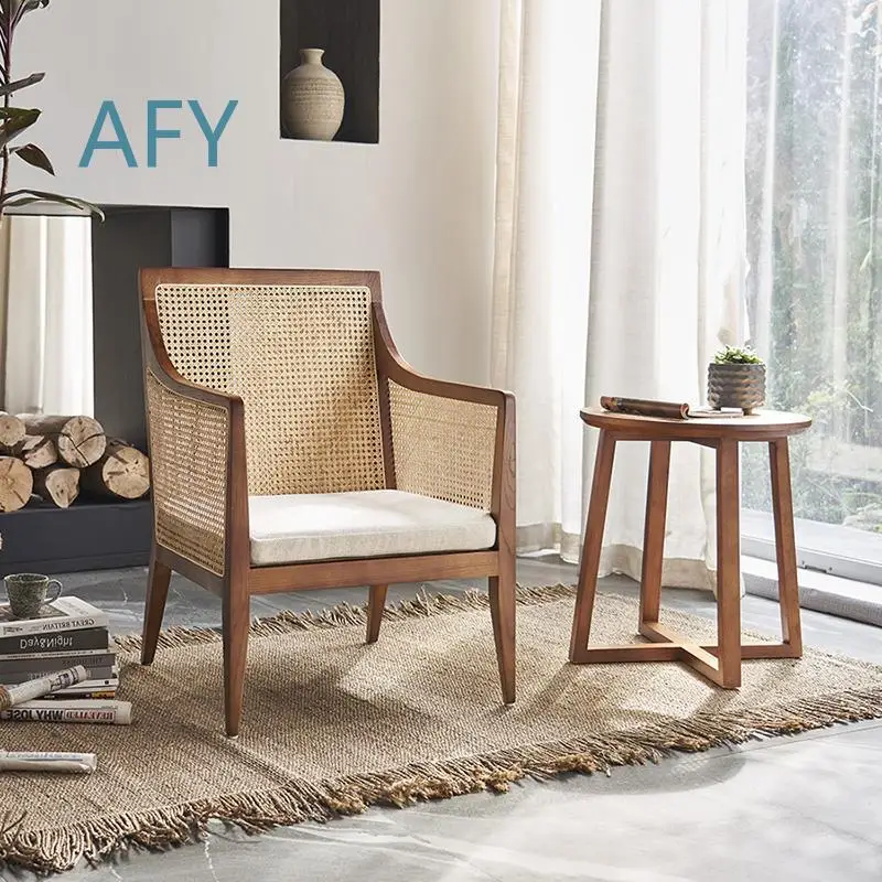 Nordic Wicker Armchair for Living Room Home Cafe Airbnb Decor with Solid Wood Frame Lounge Chair Rocking Chair for Relaxation