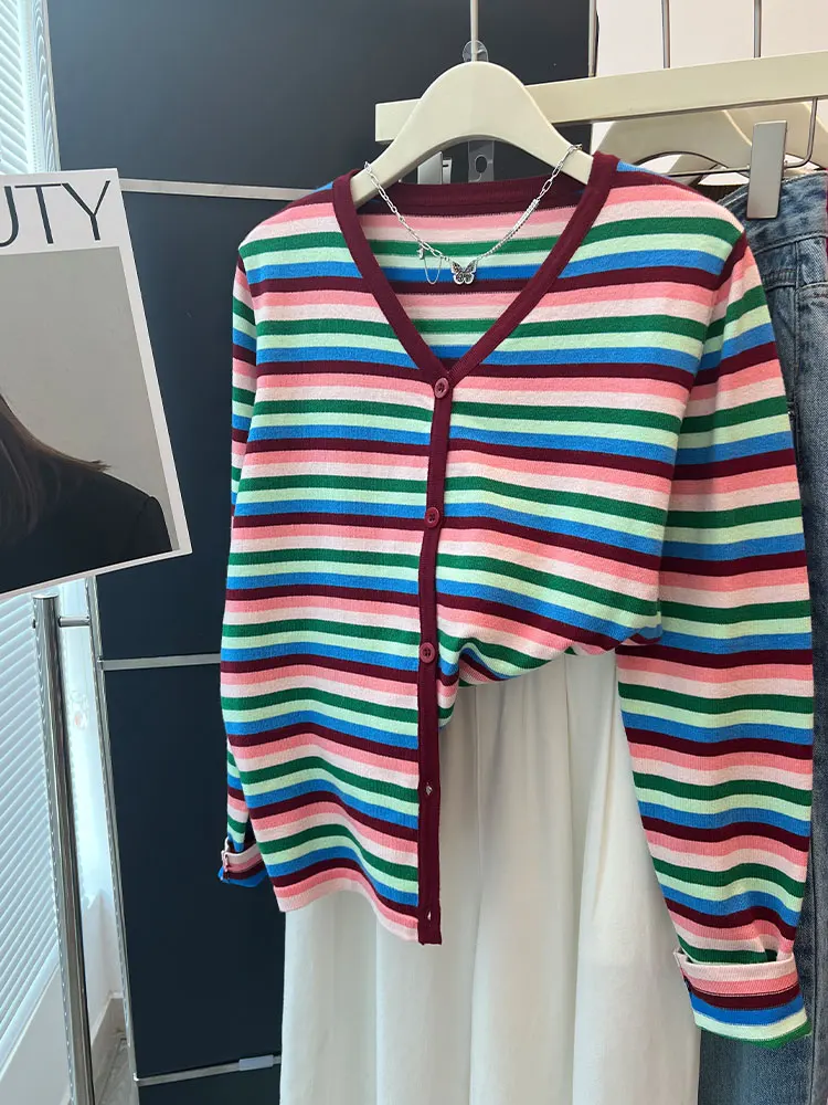 Faionable Striped V-Ne Single-Button Knitted Cardigan Casual Commute Sle Long Sve Outerwear Unique Top for Women