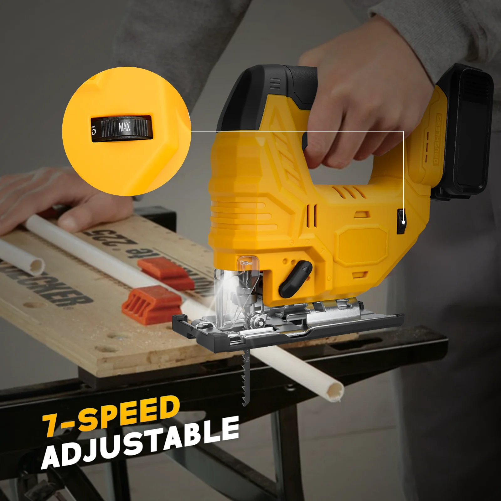 Sierra de calar sin escobillas 750W 2700RPM Sierra de calar inalámbrica 0 ° - 45 °   Cortes cónicos con 4 configuraciones orbital y 7 velocidades para batería Dewalt de 20 V