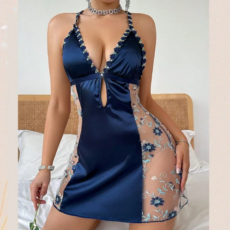 Europa De Verenigde Staten Blauw V-vormig Bed Slip Nachthemd Micro-elastisch Anti-rimpel Jumpsuit Cross Leakback Sexy borduurwerk