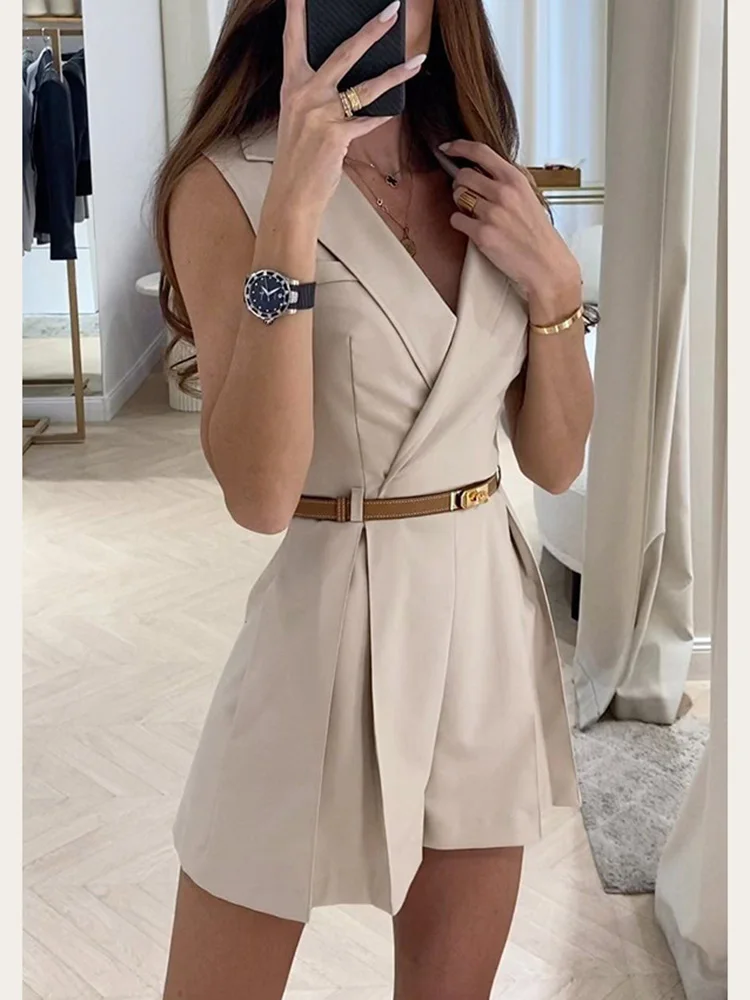 

Office Ladies Elegant Jumpsuit Fashion Sleeveless Suit Collar Slim Short Playsuits Female 2024 Sping Summer Romper With Belt