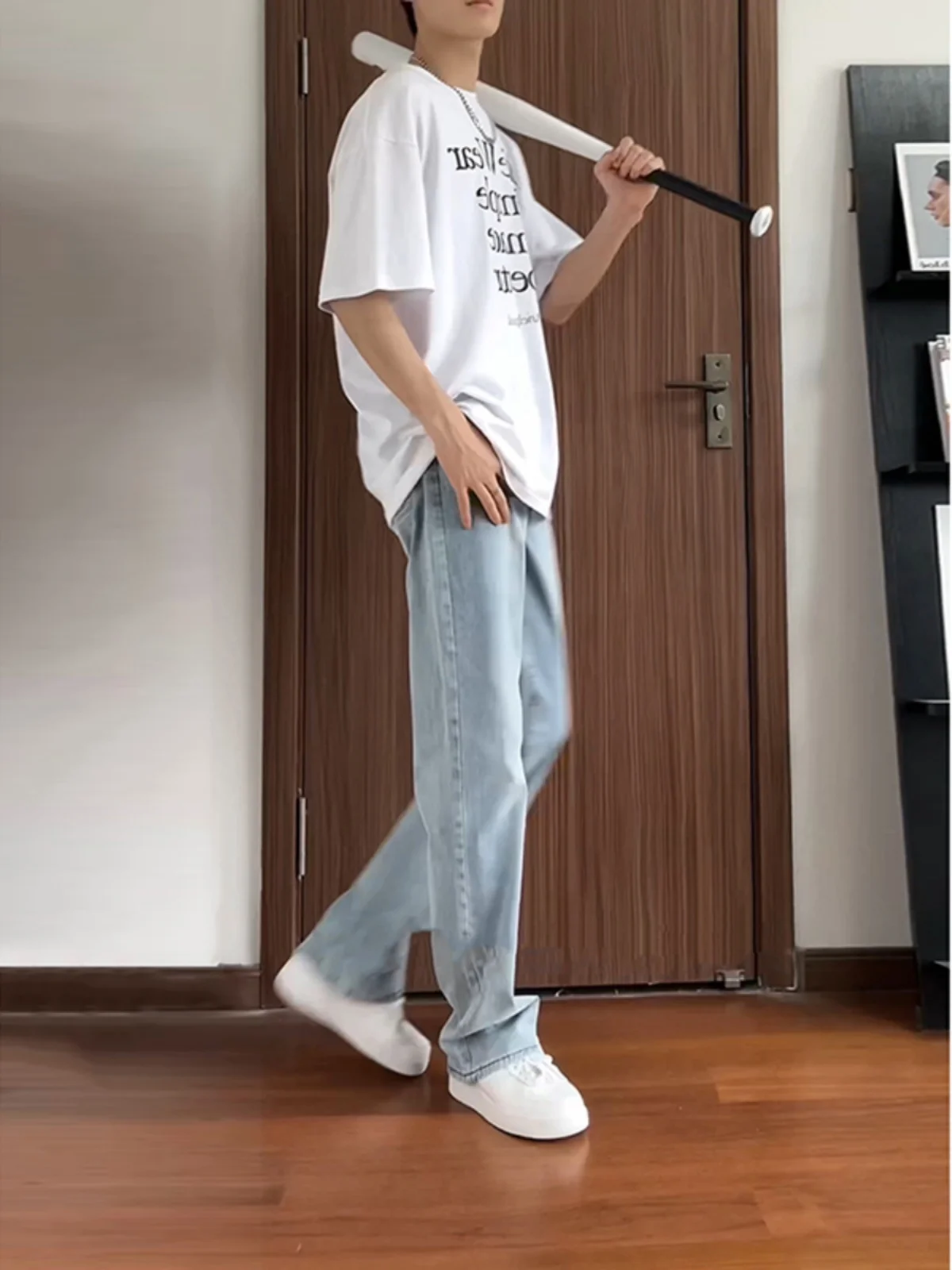 

Light Blue Elastic Straight Leg Jeans Men Summer Thin Cleanfit Pants American High Street Knife Flared Trousers