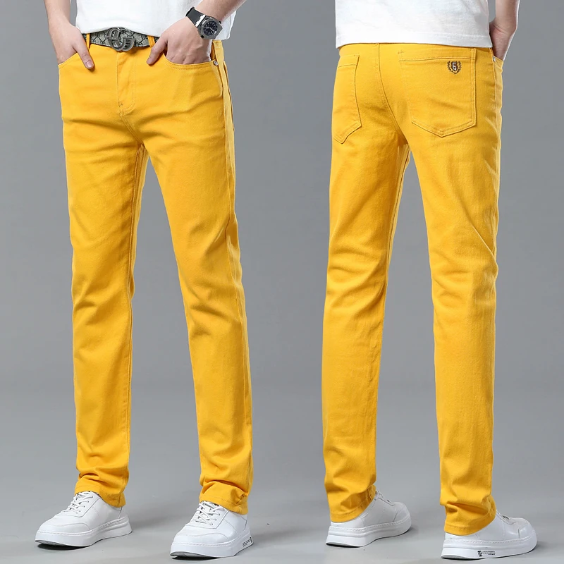 クラシックスタイルメンズレギュラーフィットピンクレッドイエロージーンズビジネスファッションデニム高度なストレッチコットンパンツ男性ブランドパンツ