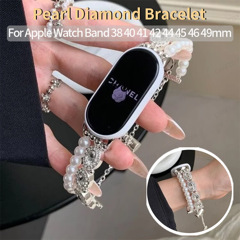 Rhinestone Pearl Bracelet Band for Apple Watch 40 41 44 45 46 49mm Double Layer Strap for IWatch 11 10 9 8 7 6 Wrist Replacement