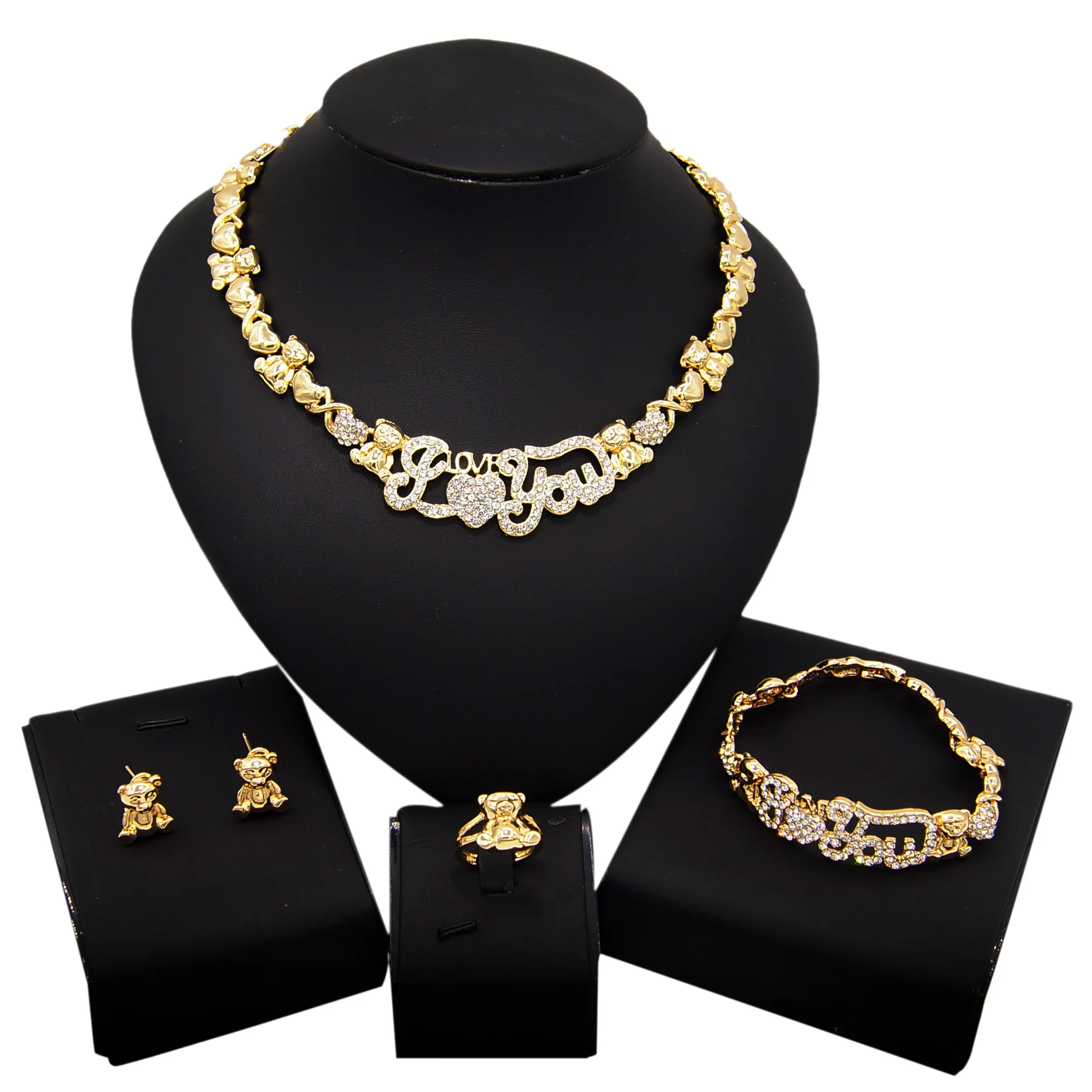

New In Cute Gold Teddy Bear 4-Piece Jewelry Set Crystal "I Love You" Necklace Bracelet Earrings & Ring Gift for Girlfriend