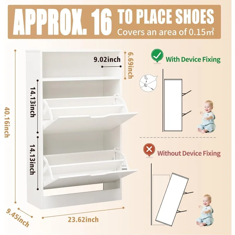 Shoe Cabinet with 2 Flip Drawers, White Freestanding Storage Racks for Entryway Hidden Narrow Shoe Organizers Perfect