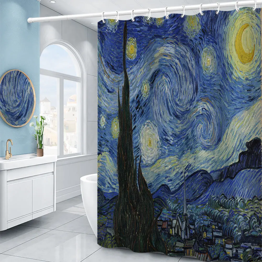 Van Gogh Starry Night Shower Curtain Oil Painting Abstract Art Blue Sky White Cloud Star Moon Scenery Bathroom Decor with Hooks