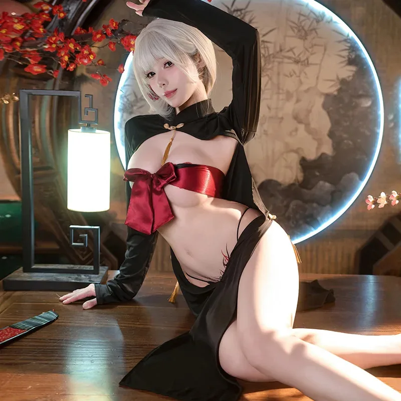 Chinese Hanfu Qipao Dress Sexy Lingerie Clothes Women Hot Hollow Cheongsam Bow Bra Erotic Costumes