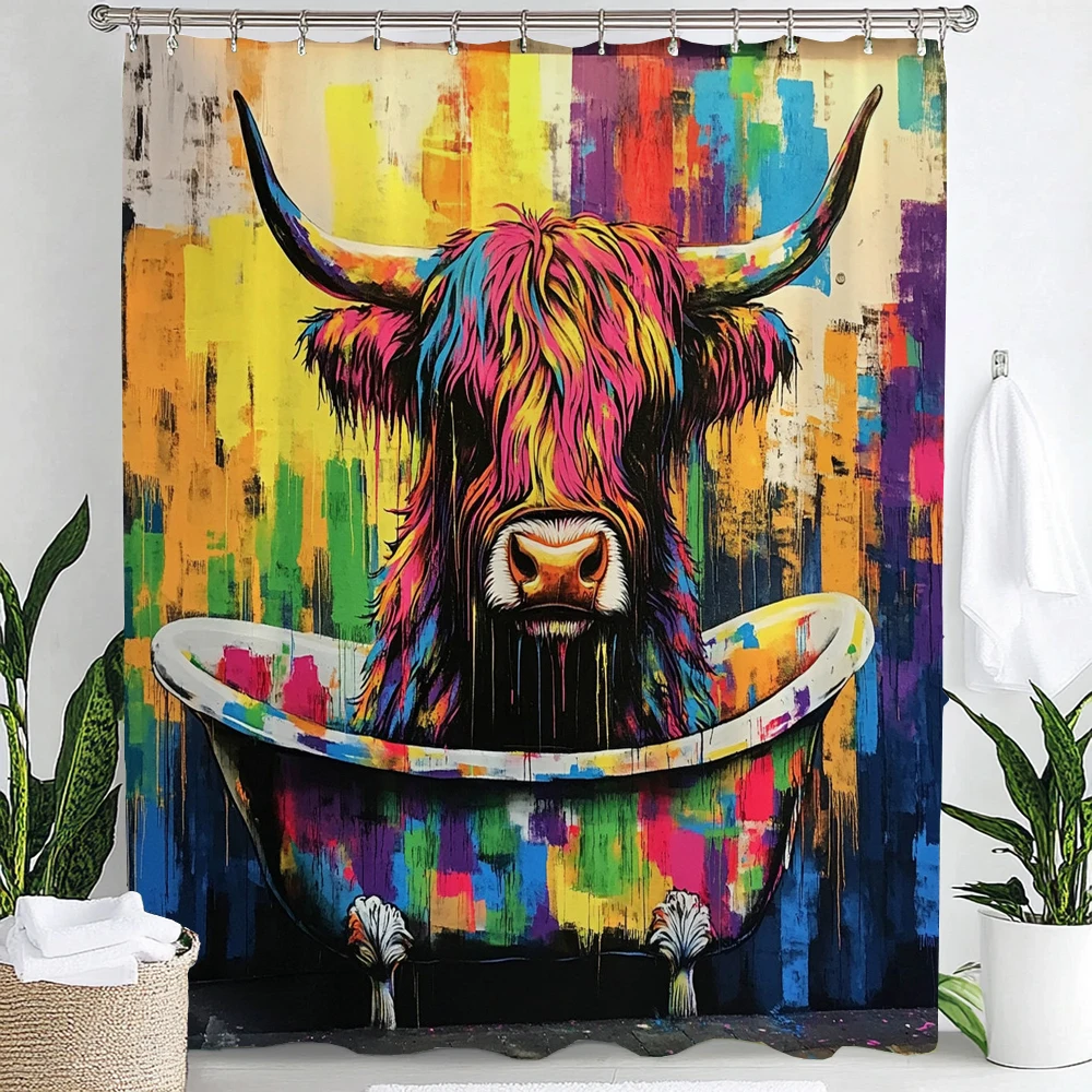

Colorful Abstract Graffiti Creative Highland Cow Print Waterproof Shower Curtain Partition Privacy Hanging Curtain with Hooks