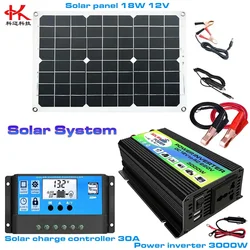 T1B Solar Power System = Inverter Converter Transformer 12 v 110 v 220 v 300w Charge + Solar Panel 18w 12v / 5v + Controller 30A