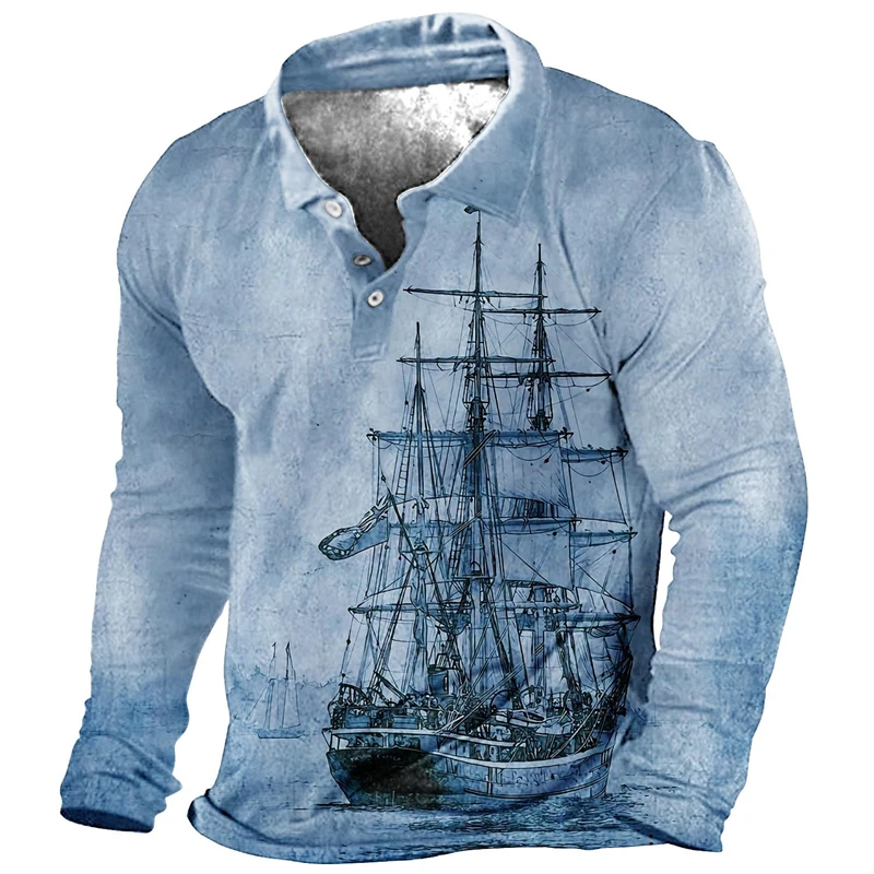 Vintage Sailboat Pattern Mens Polo Shirt Spring Autumn Long Sleeve Casual Button 3D Printed T Shirt Loose Streetwear Pullovers