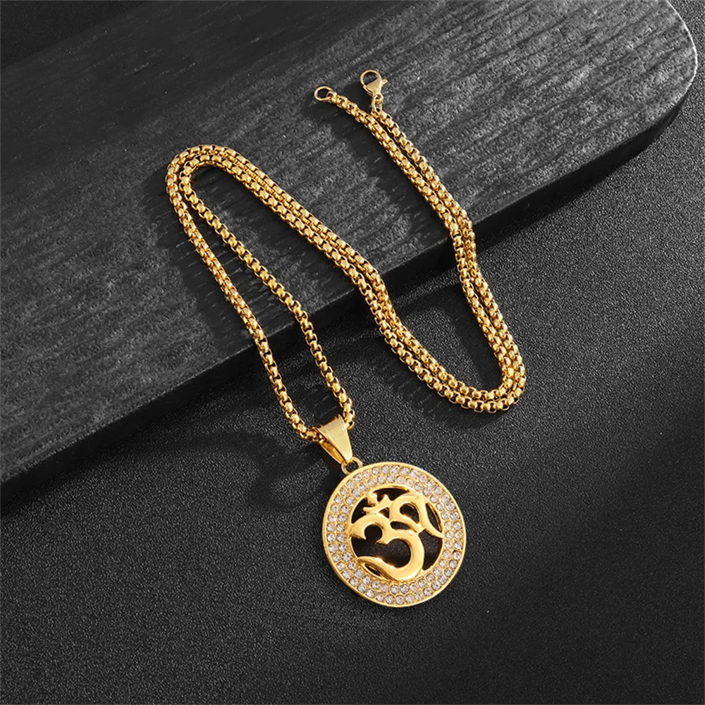 

Religious Buddhist Yoga Symbol Round Pendant Male Gold Color Stainless Steel OHM Hindu AUM OM Necklaces for Men Jewelry Gift