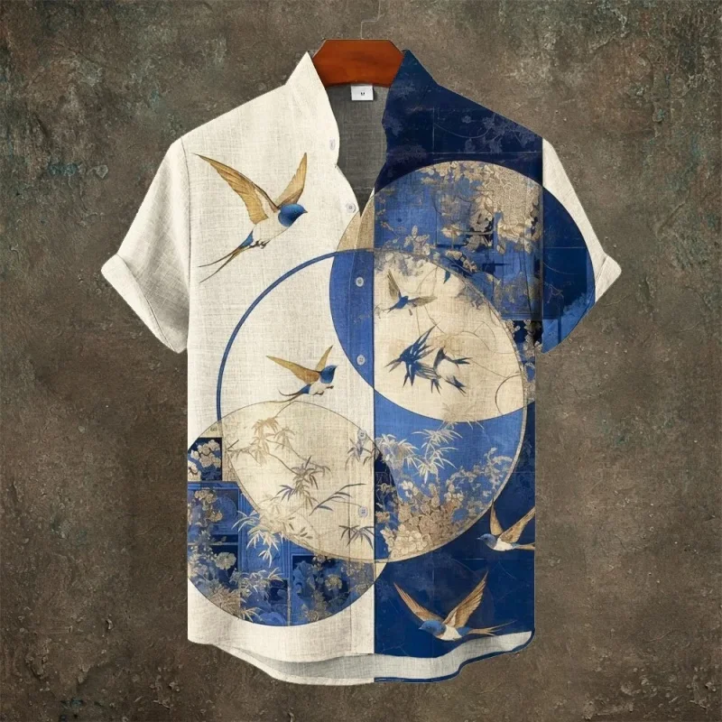 Japanese Oil Painting Bird Men's Short Sleeve Shirt Holiday Single Breast Autumn Tops Shirts 2025 New Arrival Daily Tunics