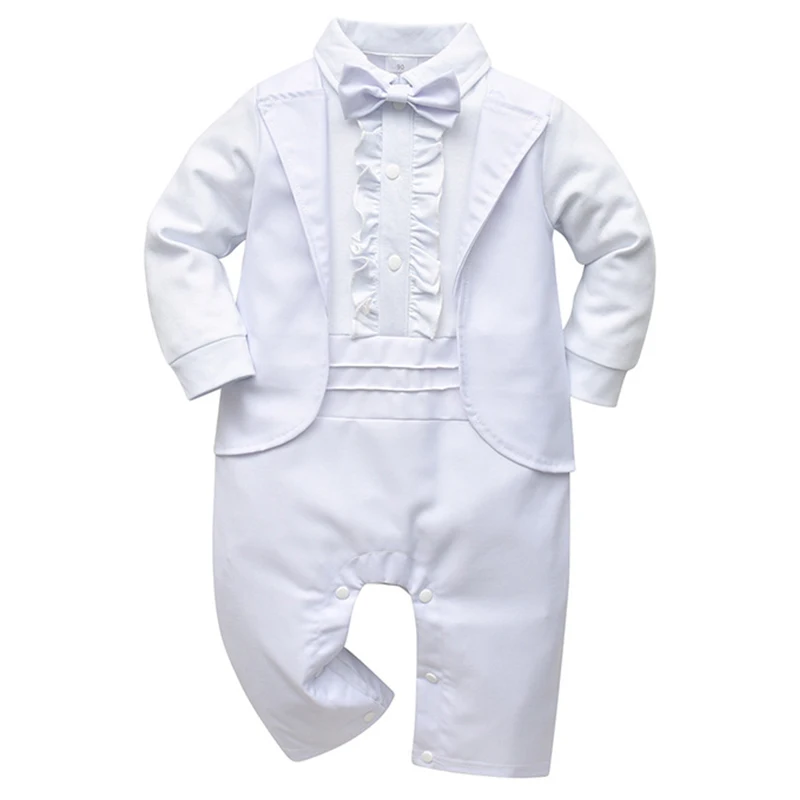 

Infant White Baptism Dress Toddler Boy Long Sleeve Fake 2PCS Design Romper 3 6 9 12 18 Months Baby 1st Formal Christening Outfit