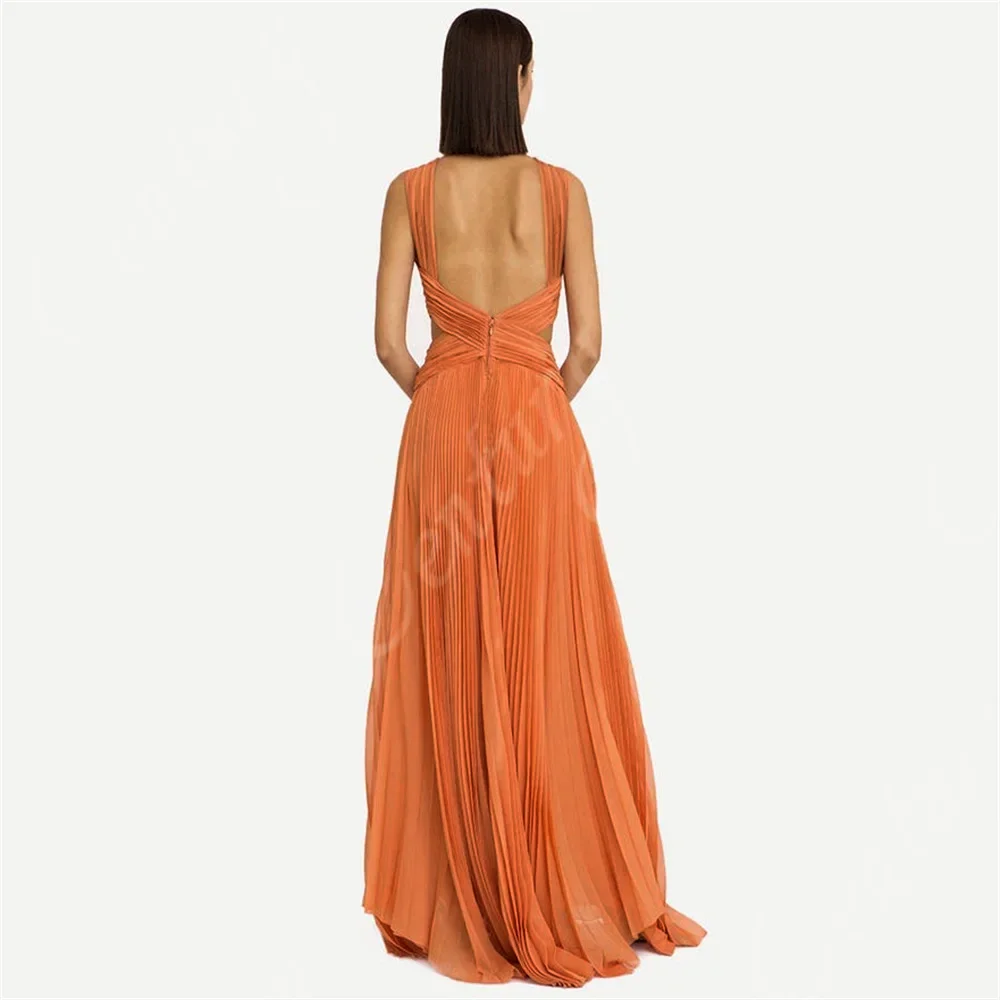 Backless Customized Women Evening Dress Cross Pleated Sleeveless Celebrity Dress A Line Floor Length Pleated Prom Party Gown image 2