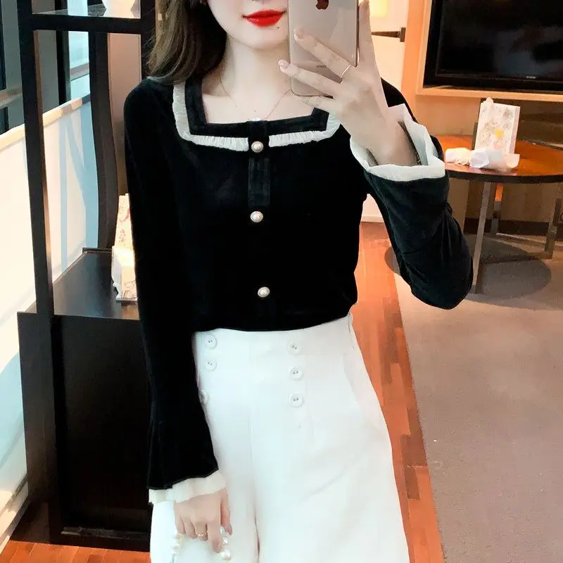 Women Stylish Ruffle Vintage Velvet Shirts Elegant French Style Luxury Chic Sweet Blouse Square Collar Long Sleeve Slim Fit Tops