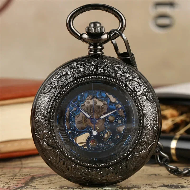 Antique Black Skeleton Unisex Mechanical Hand Wind Poket Watch Transparent Glass Steampunk Roman Number Clock Fob Pendant Chain
