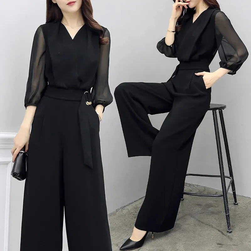 Elegant Chiffon Wide Leg Jumpsuits Women Summer Thin V-Neck Black Bodysuit Three Quarter Sleeves Belt Romper Long Pants Suit