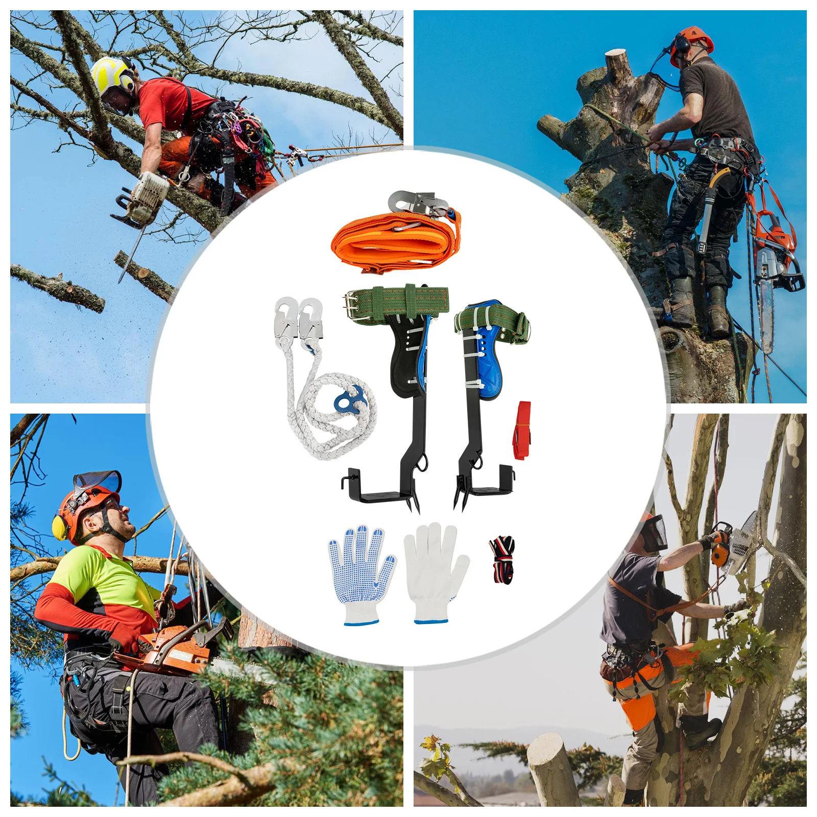 Set di punte per arrampicata sugli alberi, set di attrezzature per arrampicata sugli alberi con punte in acciaio, altezze, regolabili, cintura di sicurezza, protezione anticaduta