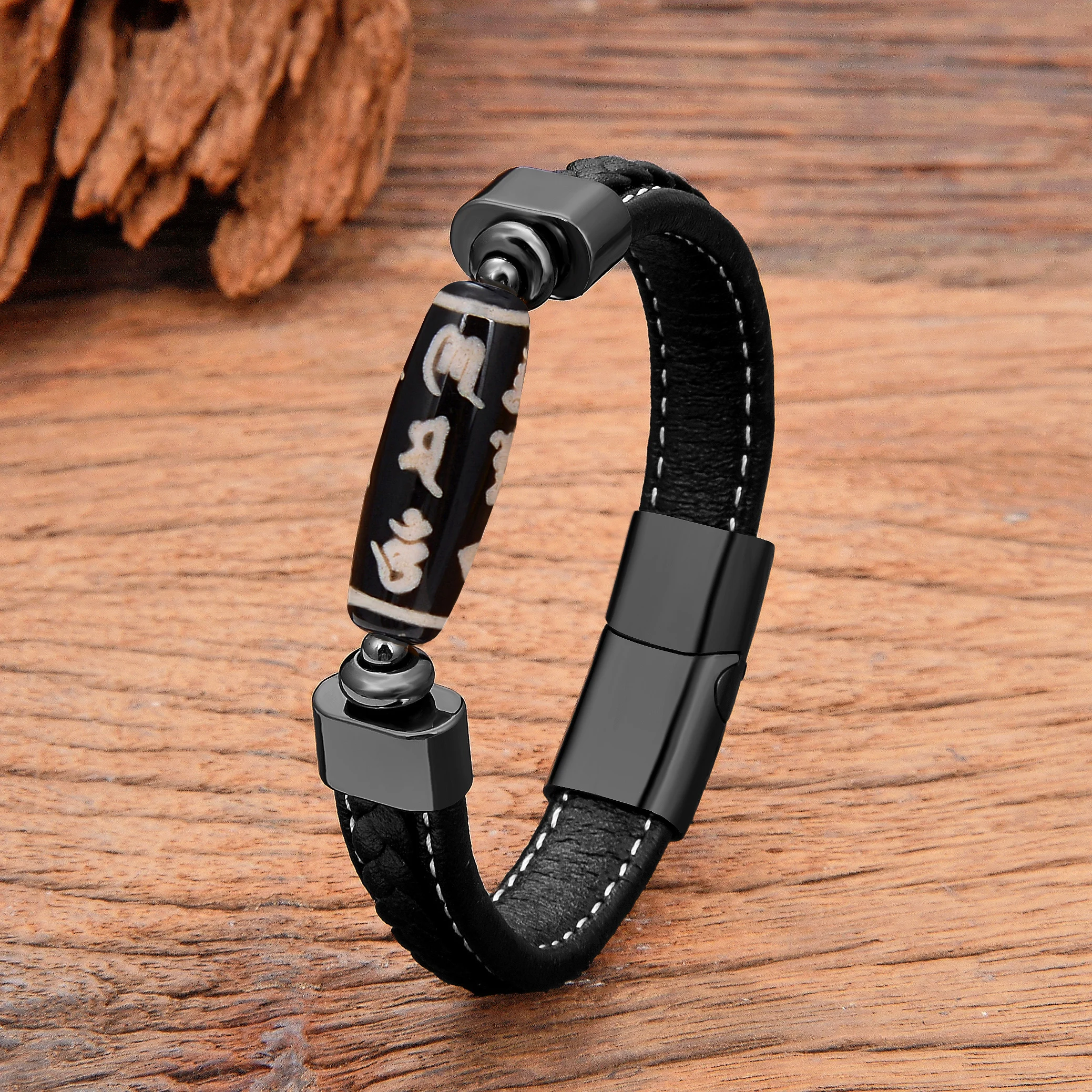 Special Pattern Dzi Tibetan Bracelet Men National Wind Natural Stone Bead Leather Bracelet for Women Mens Jewellery Gifts