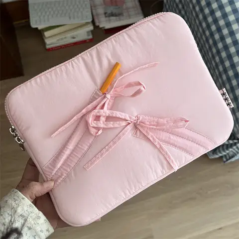 귀여운 활 노트북 슬리브 푹신한 패딩 가방, 맥북 삼성 델 화웨이 13.3 13.6 14 15 15.6 16 아이패드 9-11 인치 태블릿 파우치