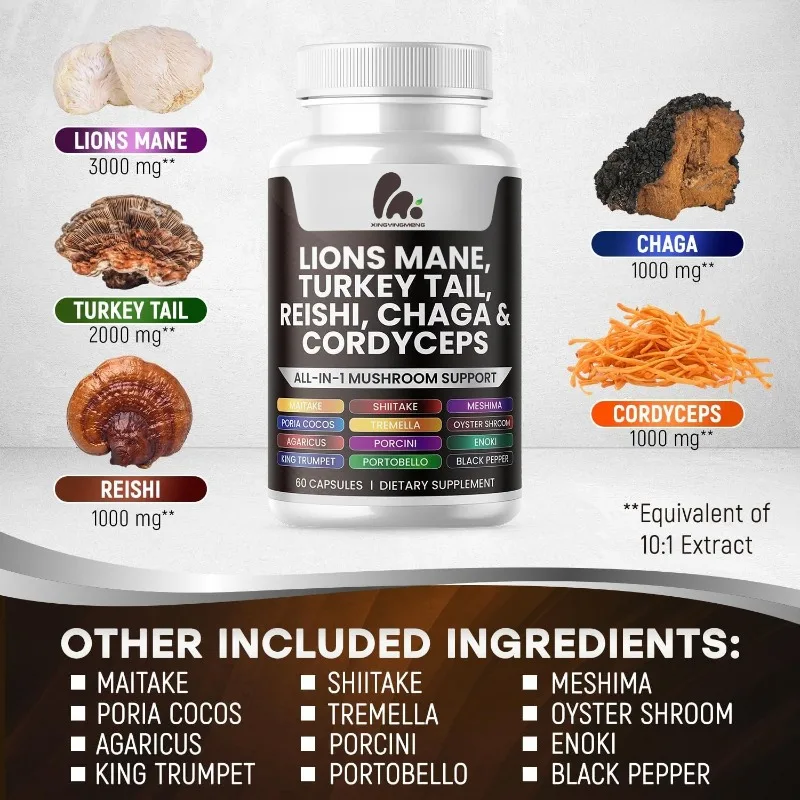 

Lion Hair Supplement Türkiye Tail Immune Cognitive Health Mushroom Ganoderma lucidum Cordyceps and Cotton Sugar Root 60 capsules