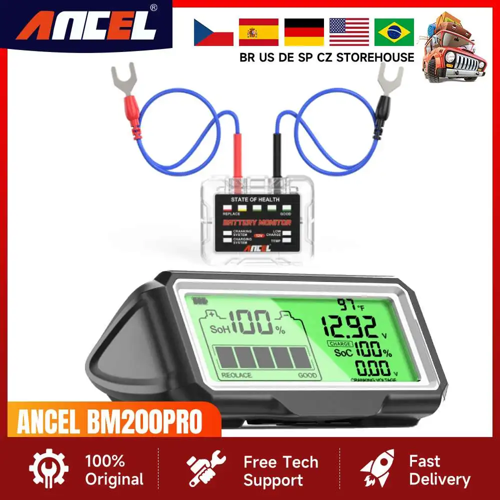 ANCEL BM200 PRO 12V LED Car Battery Tester Monitor Head-Up Display Waterproof SOH SOC Charging Automotive Battery Analyzer Tools