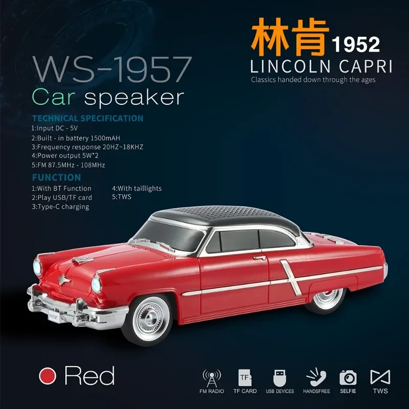 WS-1957 Bluetooth Speaker Lincoln Business Car Model Subwoofer Multifunctional Music Player Support TF Card USB AUX TWS Playback