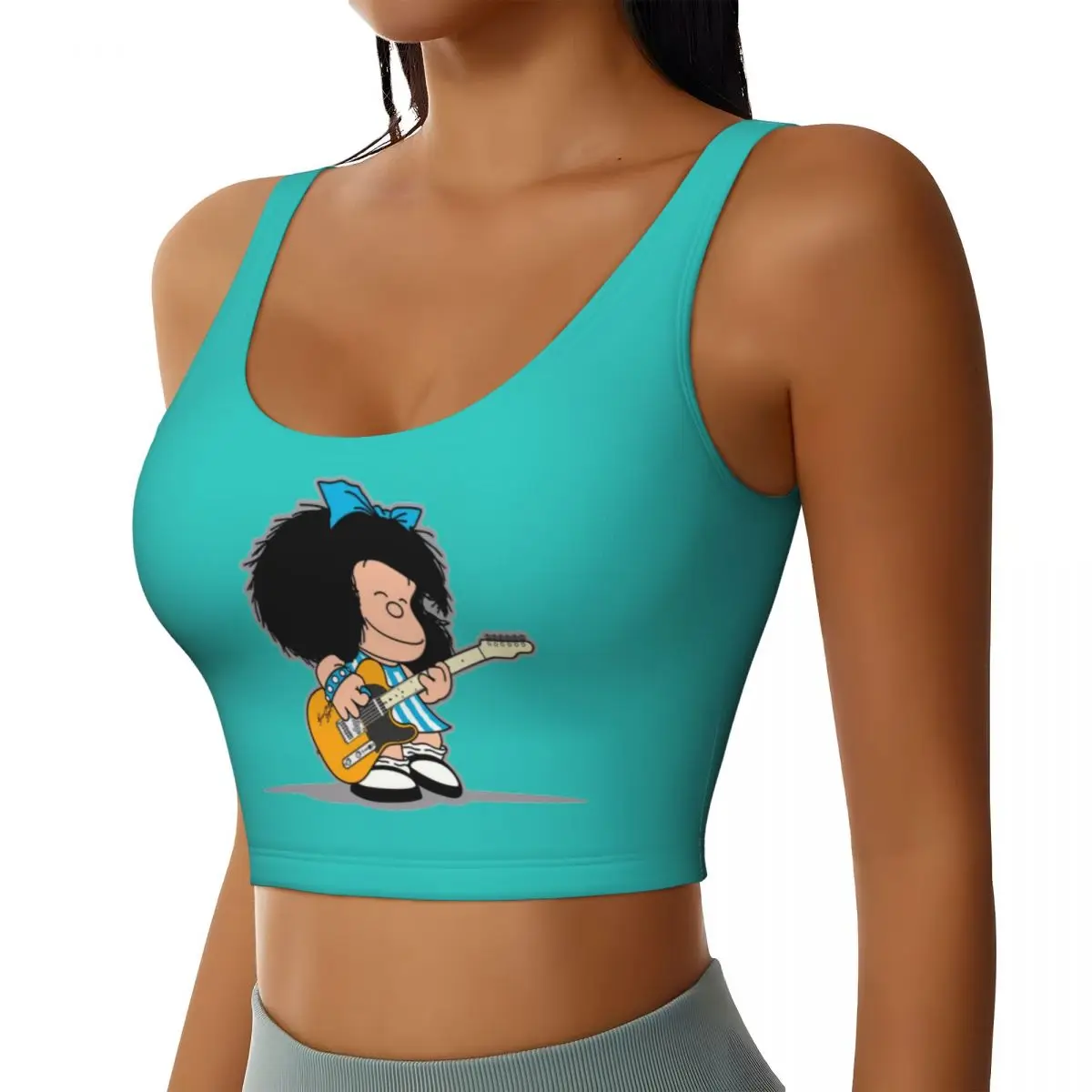 Custom Mafalda Playing Her Guitar Workout Crop Tank Tops Women's Seamless Quino Kawaii Cartoon Yoga Running Sports Bras