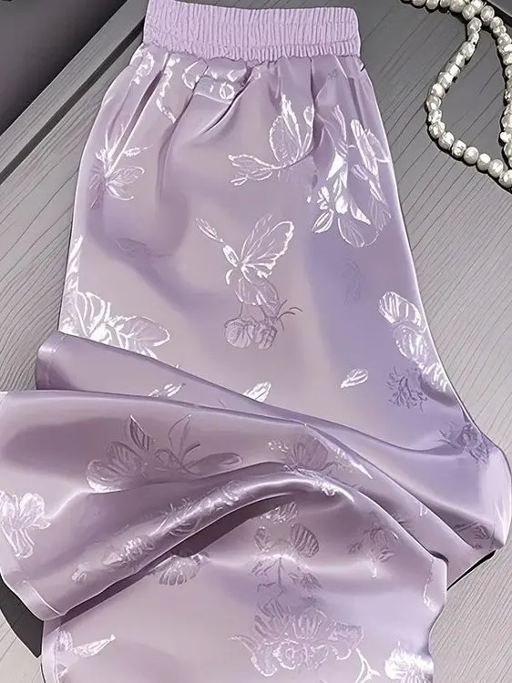 High Waist Draped Feel Floral Embroidery Wide Leg Pants Women's 2025 Loose Casual Straight Narrow Version Cool Pants